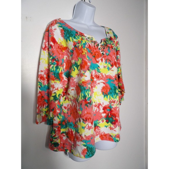 Ruby Rd. Top Shirt Colorful Jewels XXL 2XL Boho V Neck 3/4 Sleeve Boho Artsy - Picture 4 of 10